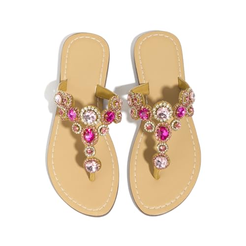 Image of Rhinestone Sandals for Women - Sparkly Jeweled Bling Thong Flip Flops, Dressy Gemstone Flat Sandals for Wedding, Party, Beach & Summer Outfits