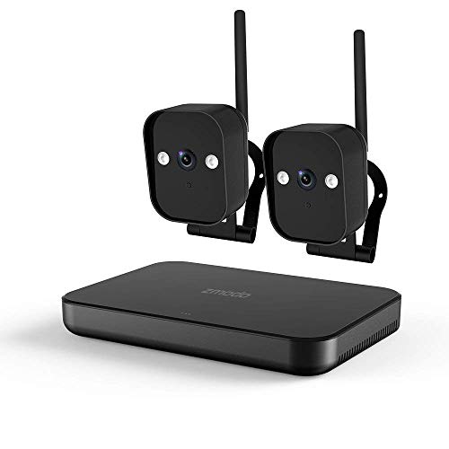 4CH CCTV WiFi Sicherheitssystem mit 2 * 720P Kabellose Überwachungskamera Set für Aussen/Innen, ohne Festplatte, Schwarz