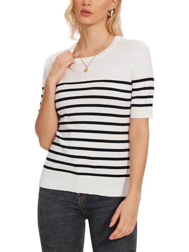 Image of Spicy Sandia Women's Short Sleeve Sweater Casual Knit Pullover Top for Summer Lightweight White and Black Striped M