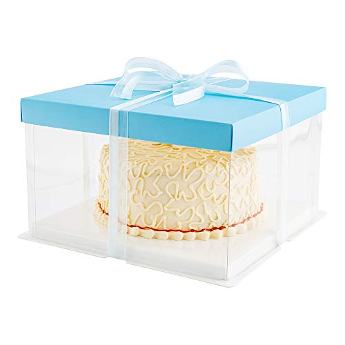 Restaurantware Sweet Vision 10 Inch x 8.25 Inch Transparent Cake Boxes, 10 Grease Resistant Base Clear Cake Boxes - Blue Lid, Blue Ribbon, Plastic Birthday Cake Boxes, For Weddings Or Birthdays