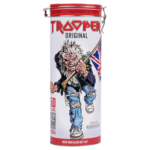 Iron Maiden Trooper 50th Anniversary Ale Gift Set 500ml Ale 4.7% ABV with Branded Glass in Collectable Tin Premium Gift by Blue Tree Gifts
