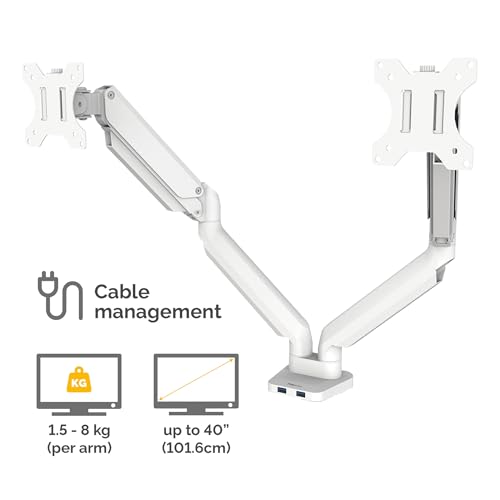 Image of Fellowes Platinum Series Dual Monitor Arm for 40-Inch Monitors, Full Motion, 360 Rotation, VESA Mount with Grommet or Clamp, USB Ports, Ergonomic, White, 8056301