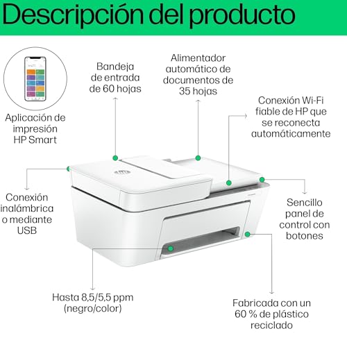 Infografía sobre las características del producto HP DeskJet 4220e, incluyendo bandeja de entrada y alimentador automático