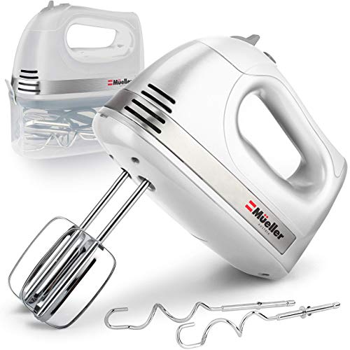 Mueller Electric Hand Mixer, 5 Speed 250W Turbo with Snap-On Storage Case and 4 Stainless Steel Accessories for Easy Whipping, Mixing Cookies, Brownies, Cakes, and Dough Batters - White