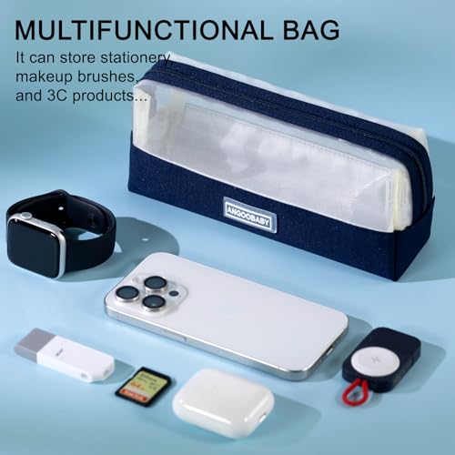 Image of ANGOOBABY Mesh Pencil Bag Clear pencil case Zipper Pouch Bags Multifunctional Pencil Holder for Students, Small Makeup Bag Suitable for Teen Girls & Boys (Navy)