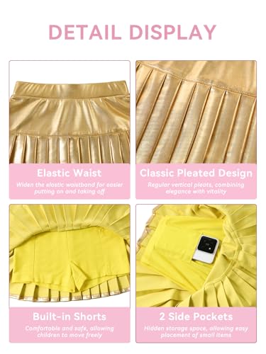 Miipat Mädchen Metallischer Rock Elastischer Hohe Taille Faltenrock mit Taschen Innenhose Plissierter Kinder Minirock für Party Tanz Tennis Skater(Gold,5-6Jahre)