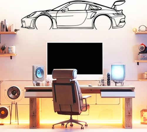 DecoSoul 911 Silhouette Metal Car Wall Art, Sports Car, Automotive Silhouette Line Decoration, Minimalist Sculpture for Garage, Man Cave, Gift for Boyfriend and Car Lovers, (Black - 30 x 8.2” inch)