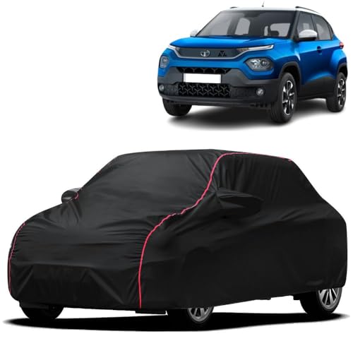 Image of Waterproof Car Cover for Tata Punch | All-Weather Protection, Dustproof & UV Resistant | Triple Stitched Mirror Pockets, Windproof Buckle Strap with Elastic Hem, Black-Red Piping