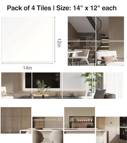 Image of Shatterproof Acrylic Mirror Tiles, 4 Pack 14 x 12 Inch Self Adhesive Full Body Wall Mirror for Bedroom, Home, Gym, Bathroom and Living Room, Unbreakable