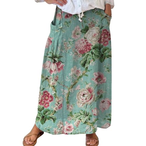 Lightning Deals of The Day Today Sale Skirts for Women UK Women's Retro Floral Art Linen Elastic Waistband Pocket Skirt Long Boho Skirt Elastic Waist Skirts for Ladies Pleated Mint Green