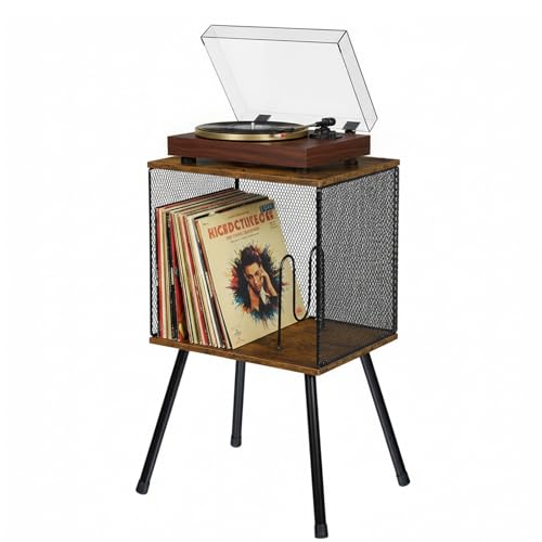 Kryntex Vinyl Record Player Stand with Storage, Retro Turntable Table with Adjustable Dividers Holds up to 100 LPs, Record Holder & Organiser for Bedroom Living Room