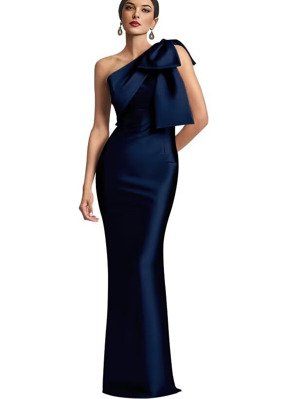 Image of One Shoulder Bridesmaid Dresses with Bow Long Mermaid Satin Back Slit Mother of The Bride Dresses PM004