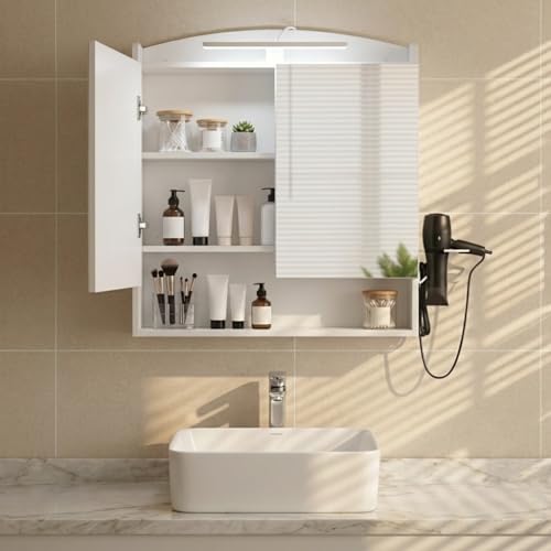 DazzlerE Spiegelschrank Bad mit Beleuchtung 60 cm Breit, Bad Spiegelschrank mit Beleuchtung für Badezimmer, mit Haartrockner-Halter und Haken, Weiß, 60 X 15 X 64.2cm