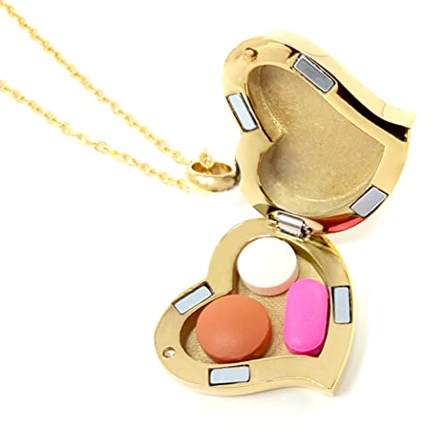 Amour Heart Pill Necklace - Polished Heart Locket With Strong Magnetic Closure - Medication Necklace - Keep Your Medication Securely With You At All Times - Locket Necklace With 26 Inch Chain (Gold) #TOP1