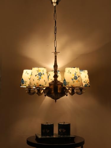 Image of Devansh 05 Lights Printed conical Cotton Shade with Antique Golden Chandelier -B