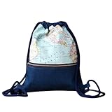  Mochila - La vuelta al mundo denim - Mochila con cordón náutico, hecha a mano en tela vaquera, lona mapamundi y algodón, con bolsillo exterior cerrado con cremallera