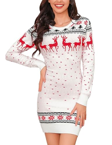 Litherday Weihnachtskleid Damen Pullover Strickkleid mit Rentiere...