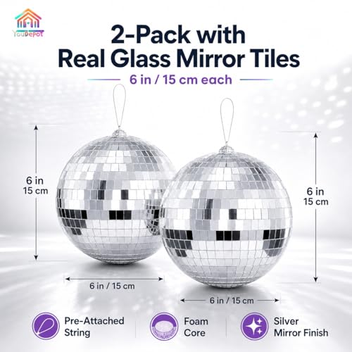 Youdepot - Bola espejada de discoteca de 6 pulgadas, paquete de 2 unidades, con luces de bolas espejadas de 1,97 pulgadas, decoraciones plateadas para fiestas y Navidad miniatura 4