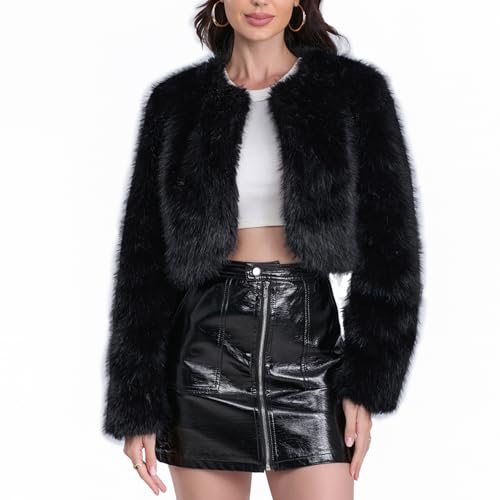 Women's Faux Fur Cropped Coat Long Sleeve Open Front Winter Jacket2