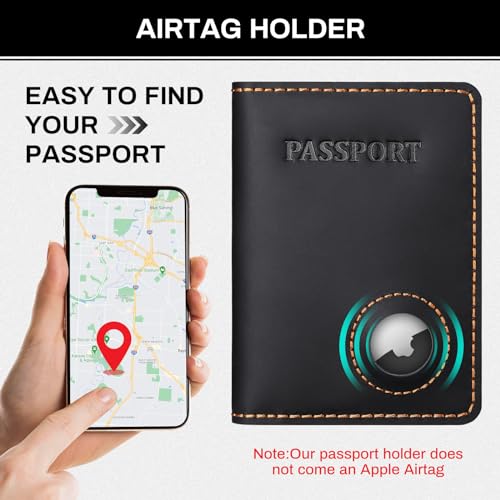 Full Grain Leather Passport Holder with Airtag Slot, Mens Air tag Travel Passort Wallet and Cover for Women PA1006-BLACK2