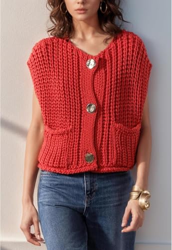 Image of UAURORAO Women Chunky Sweater Vest Button Down Crochet Cable Knit Cardigan Sleeveless Open Front Knitted Crop Waistcoat