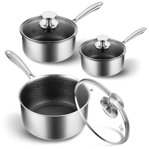 KOCH SYSTEME CS Hybrid Nonstick Stainless Steel Saucepan Set, 6-Piece Triply Stainless Steel Saucepan Set with Hybrid Honeycomb Interior, 1QT & 2QT & 3QT Sauce Pans, Induction Ready, Steel Pot Set