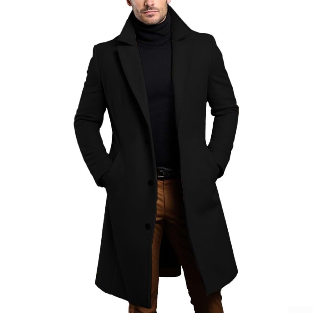 Men's Luxury Black Trench Coat, Single Breasted Long And Warm Overcoat(L)