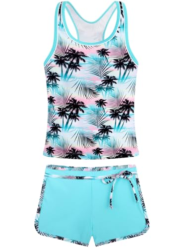 Belovance Girls Swimsuit Two Piece Tankini Bathing Suits Size 12-14 Racerback Swimwear with Shorts Kids Teen Swimming Suit Pool Beach Athletic Swim Suit Quick Dry (Green Coconuts, 13-14 Years)
