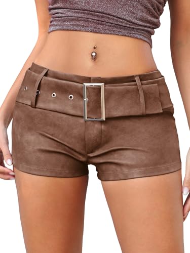 ELLEVEN Faux Leather Shorts for Women Low Rise Booty Shorts Stretchy Micro Fitted Hot Sexy Short Pants Concert Club Y2k Outfits Brown Small