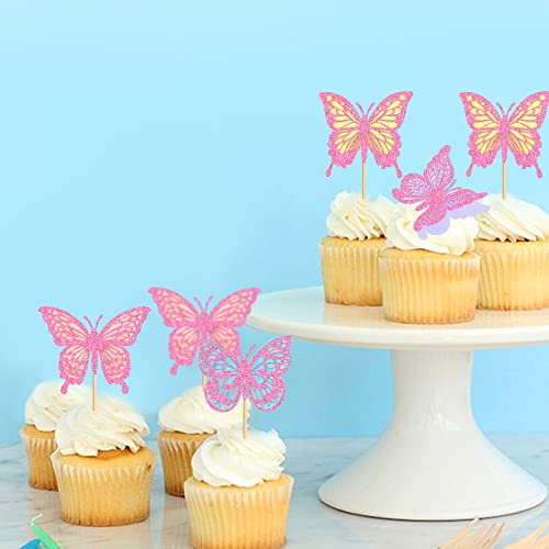 Cyodoos Pack Of 24 Butterfly Cupcake Toppers Double Layers 3D Butterfly Baby Shower Cupcake Food Picks Decorations For Butterfly Theme Wedding Anniversary Kids Birthday Party Supplies - Pink Glitter #TOP5
