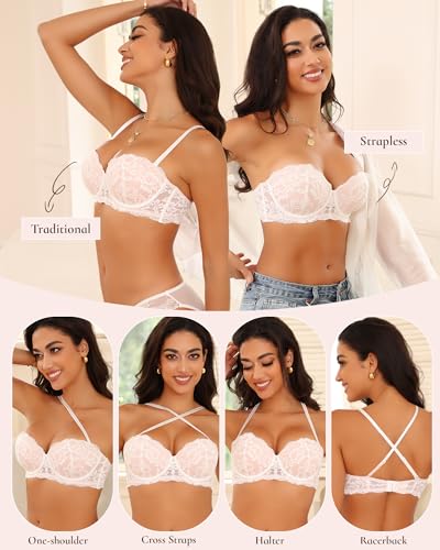 Image of Strapless Bra Push Up Lace Padded Convertible Multiway Underwire Bras Add 1 Cup
