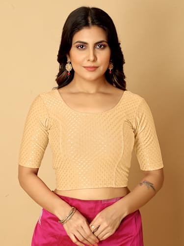 Image of Amazon Brand - Anarva Round Neck Dobby Cotton Lycra Stretchable Elbow Half Sleeve Readymade Saree Blouse for Women Stylish