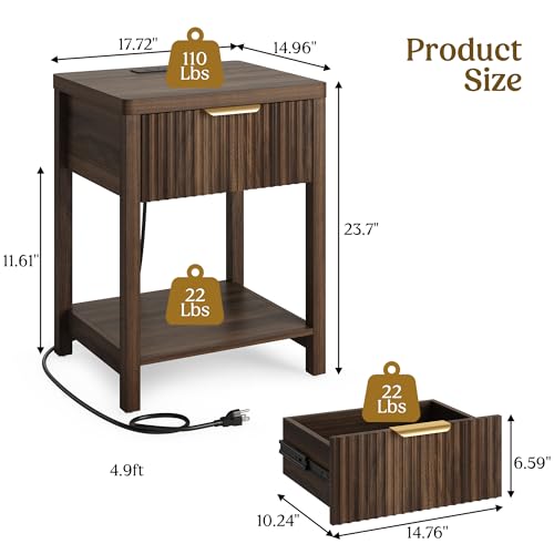 Night Stand Set 2, Fluted Wood Nightstands w/Charging Station for Bedroom - Image 2