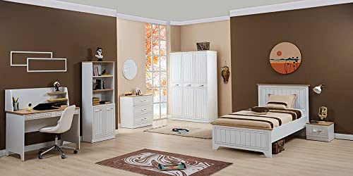 Comodino cm. 42 X 33 X 42 Cameretta completa per ragazzi e ragazze stile rustico chic bianca e legno chiaro. Comprende letto, materasso, comodino, armadio, comò, scrivania, sedia, libreria, tappeto arredo - [LVT]