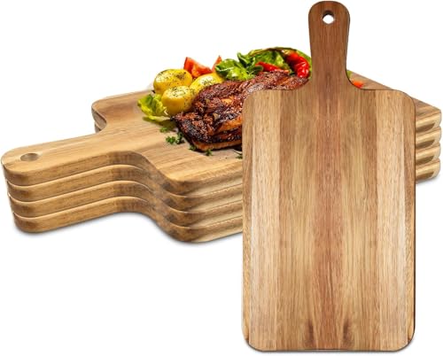 Lot de 5 planches à découper en bois d'acacia avec poignée - Planches à découper en bois pour viande, pain, fruits, fromage - Planche de service, planche...