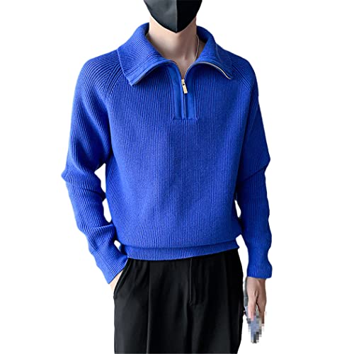 Pull col roulé demi-zip homme bleu XXL en tricot solide de qualité supérieure