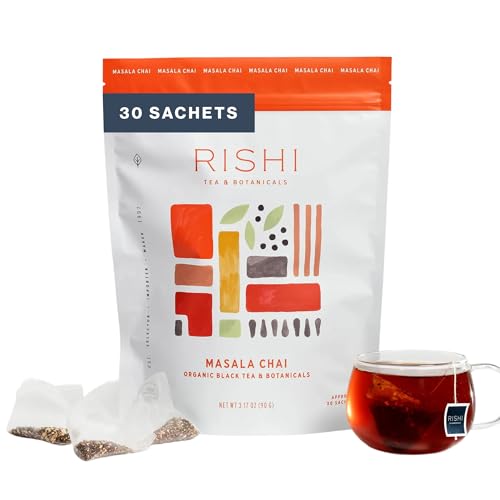 Rishi Tea Masala Chai Black Sachet Tea Bag Blend - Organic, Assam with Whole Spices, Energizing & Caffeinated - 30 Count