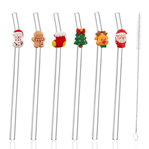6Pcs Christmas Glass Straws Glass Straws With Charms Lncludes 1 Nylon Brushes Suitable For All Kinds Of Beverages