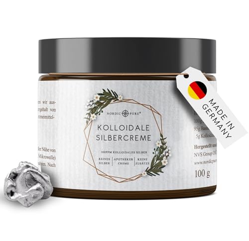 Nordic Pure Kolloidales Silber Creme 100g Natürliche Silbercreme mit Silberwasser 100 ppm Premium Qualität aus Deutschland