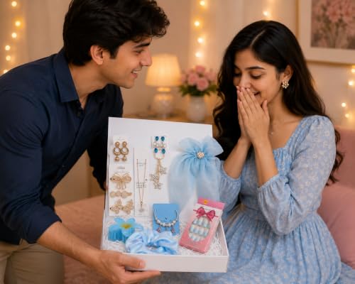 Image of CSN - CUTE SHOPPING NETWORK Women's Gift Hamper, 10-Piece Jewelry & Hair Accessories Gift Set for Women, Pendant Necklace, Bracelet, Earrings, Hair Bow, Scrunchie, Hair Claw, Press-On Nails, Birthday, Rakhi Gift for Sister