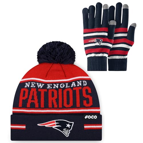 FOCO New England Patriots NFL Stretch Glove & Big Wordmark Stripe Pom Beanie - Bundle Team Color