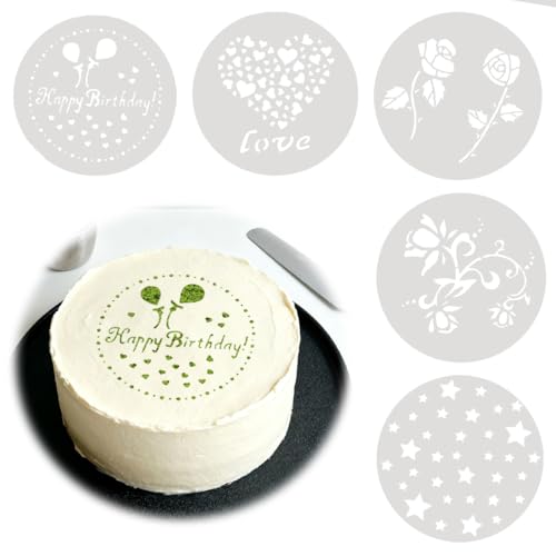 BLPRKOT 5 Pezzi Stencil Decorativi Per Torte, Stencil Spray Per Fiori Per Torte, Torta Stencil Buon compleanno, per Cioccolato Motivi Fiore Cuori Stelle Motivo Happy Birthday, Riutilizzabili