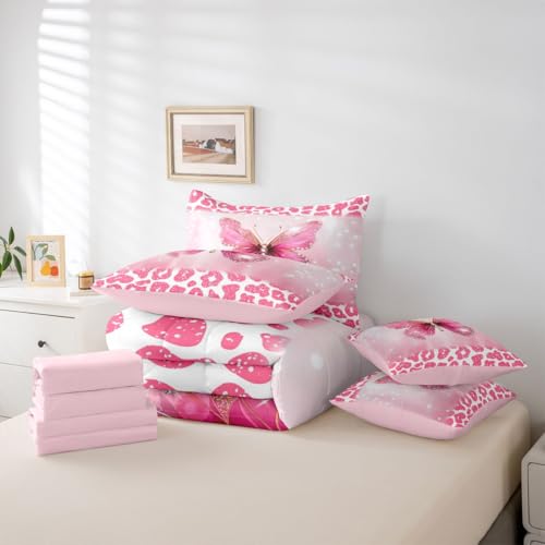 Image of Feelyou Cute Butterfly Comforter Set with Sheets 7 Piece Queen Size Leopard Print Bedding Set for Kids Boys Girls Butterflies Print Bed in a Bag Glitter Dreamy Princess Soft
