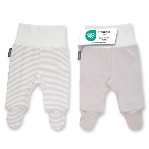 LaLoona Strampelhose mit Fu&szlig; - 2er Pack Baby Hosen mit breitem Bund und hohem Baumwollanteil & Elastan, &Ouml;KOTEX Standard 100 - Wei&szlig; Beige Gestreift