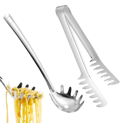 2 Stück Nudelzange und Spaghettilöffel Edelstahl praktische Küchenhelfer mit ergonomischem Griff ideal für Pasta langlebig und rostfrei Inklusive Spaghettizange und Nudellöffel