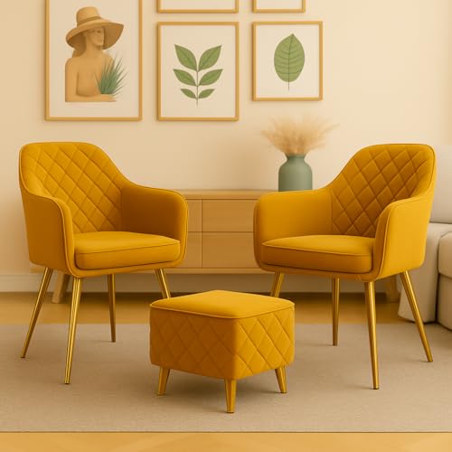 Image of Barfi Velvet Dining Chair Set of 2 with Soft Velvet, Padded seat, armrests and Strong Metal Legs. A Modern, Comfy Chair for Home, Office and Restaurants. (Mustard Yellow with Puffy)