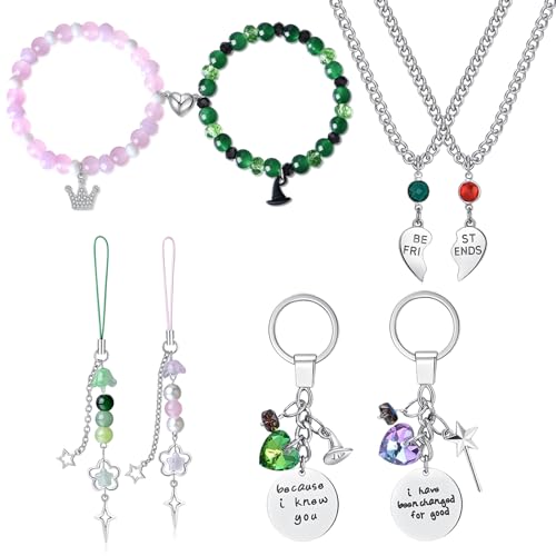 Image of 8PCS Wicked-Inspired Best Friends Gift Set – Elphaba & Glinda Keychains, Matching Bracelets, Heart Pendant Necklaces & Charms, BFF Couples Accessories, Ideal Christmas & Valentine’s Day Gifts for Fans