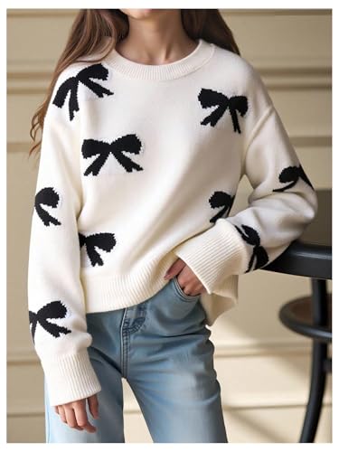 Image of BEAUDRM Girl's Cute Bow Sweater Crew Neck Long Sleeve Drop Shoulder Loose Pullover Tops