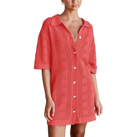 Lumister Summer Knit Shirt Dress for Women Crochet Button Front Shirt Dress Cover Up Bathing Suit Swimwear Knit Beach Dress(0721-Red-M) Cover