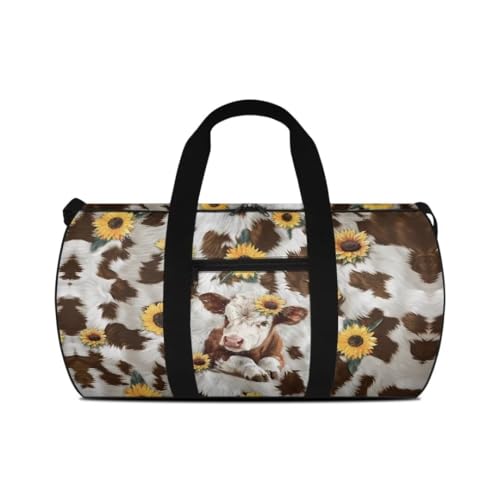 Boatee Cow Sunflower Womens Travel Bag Large Duffle Bag Portable Luggage Bag Lightweight Gym Bag Casual Duffel Handbag with Zipper Closure Stylish Weekender Hand Bag Holdall Purse for Sport Brown